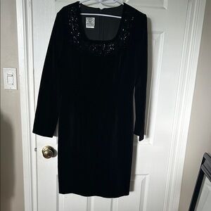 Laura Ashley Black Velvet with Beaded Detail Long Sleeve Dress Size 12 Holiday